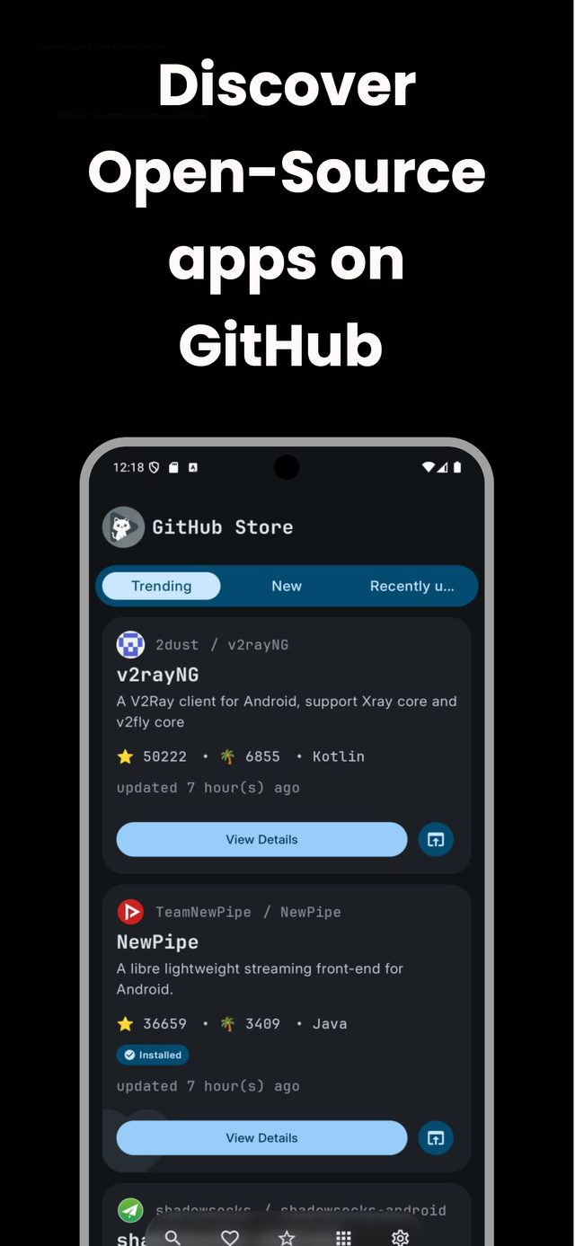 Komi Store mobile app discover screen with trending GitHub release apps
